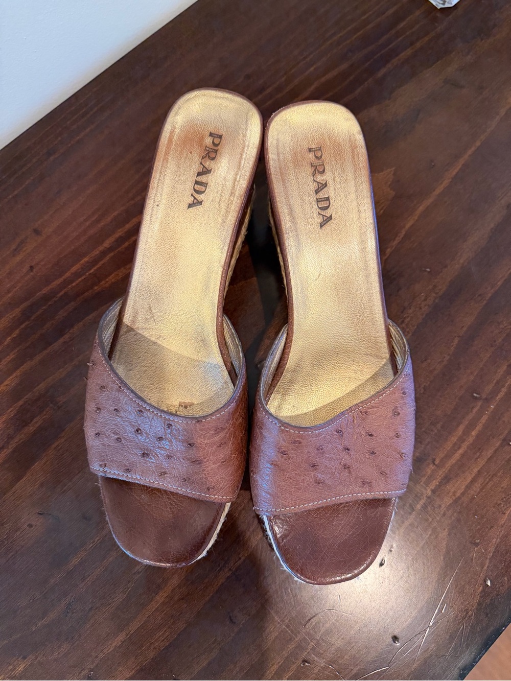 Prada Brown Leather Espadrille Wedge Slides - Picture 2 of 5